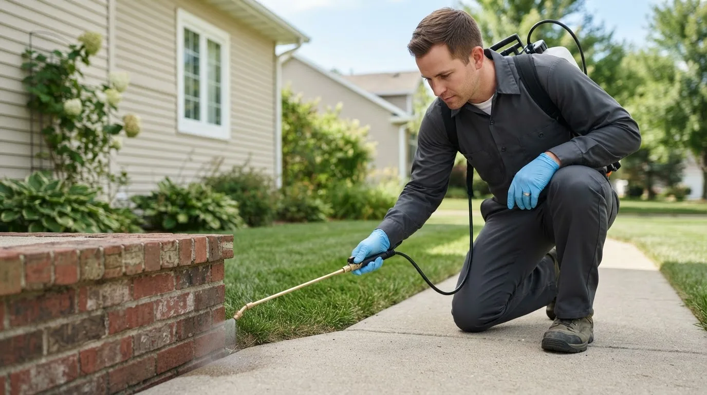 Pest control technician treating a home near Attica, OH